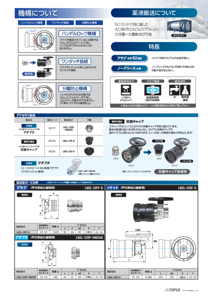日東工器 大口径ゼロスピルカプラLNZL型 大流量/ 薬液搬送用 迅速流体継手