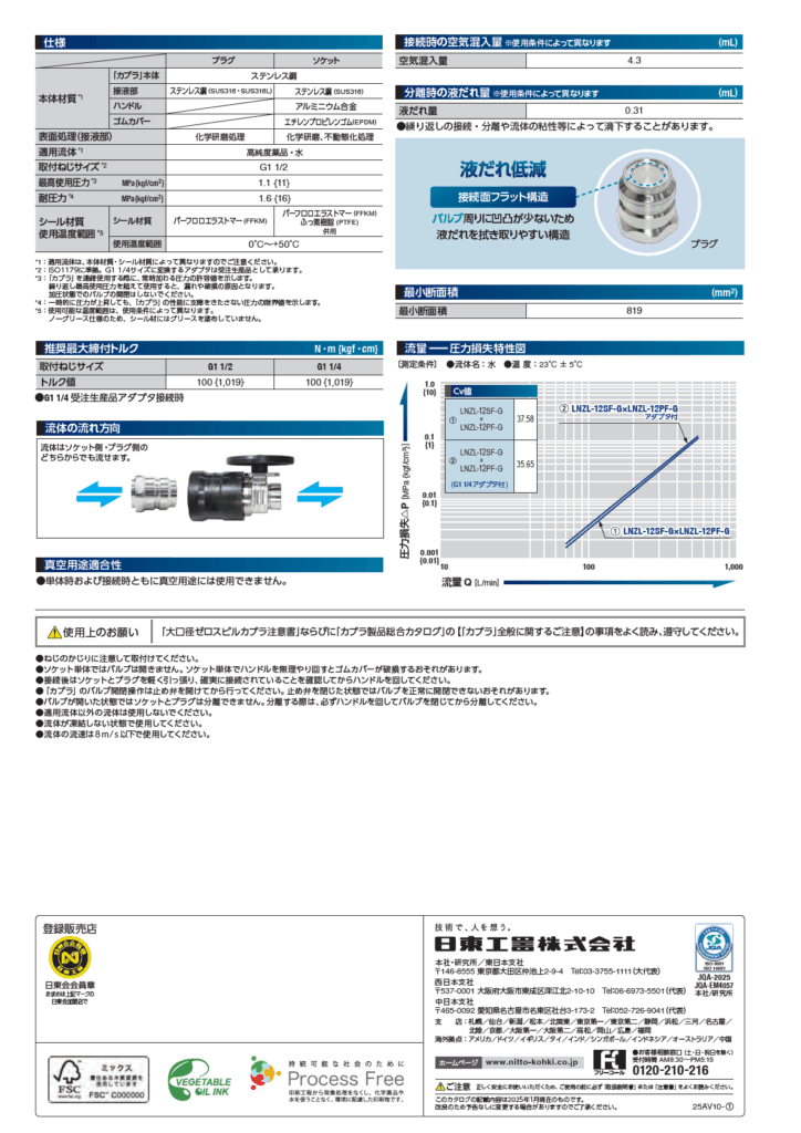日東工器 大口径ゼロスピルカプラLNZL型 大流量/ 薬液搬送用 迅速流体継手