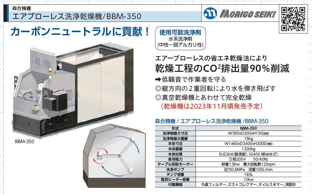 森合精機 エアブローレス洗浄乾燥機 BBM-350｜CO₂排出を大幅削減する省エネ洗浄システム